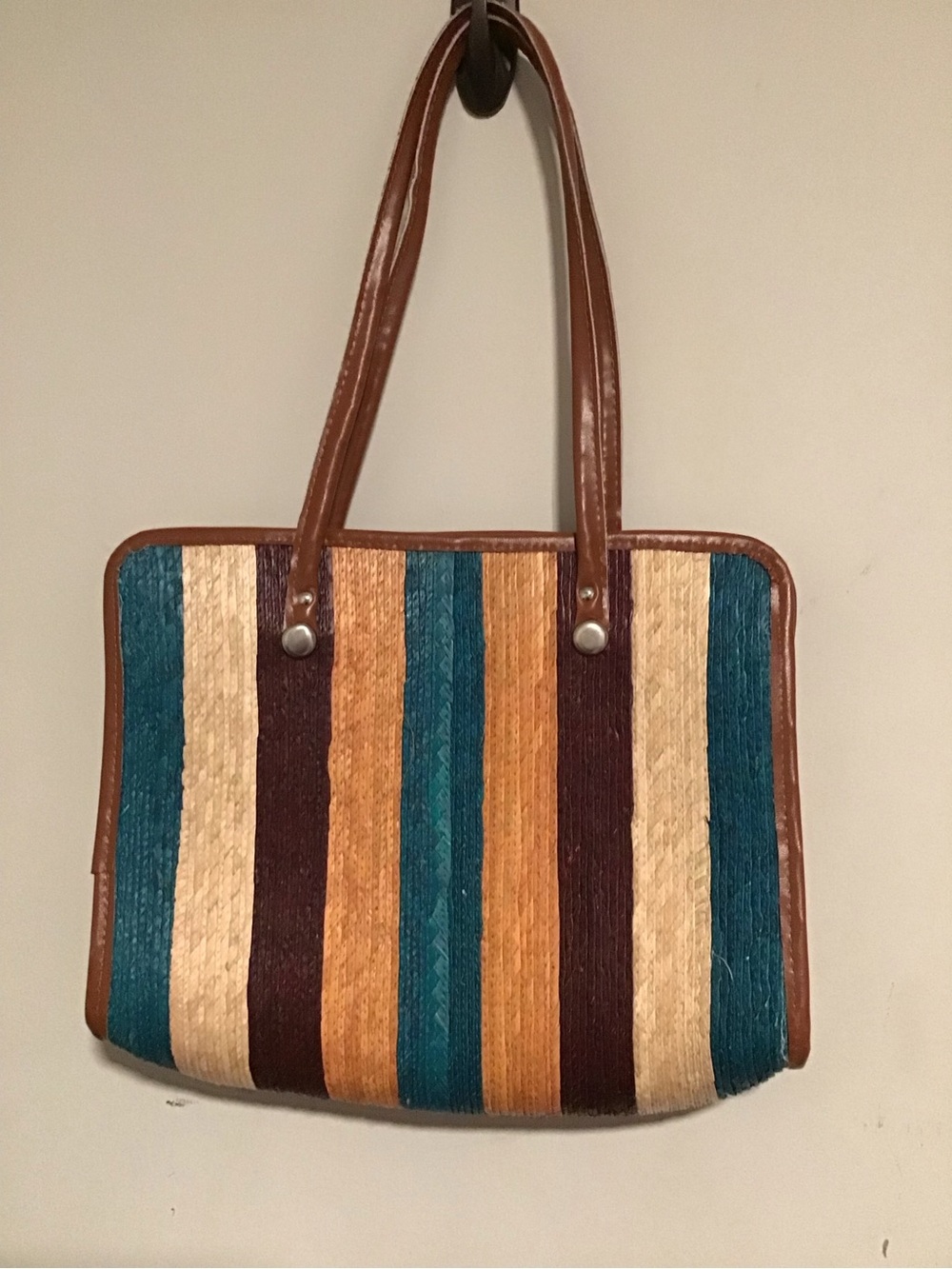 Striped Multicolor Tote Bag with Brown Trim - Picture 3 of 4